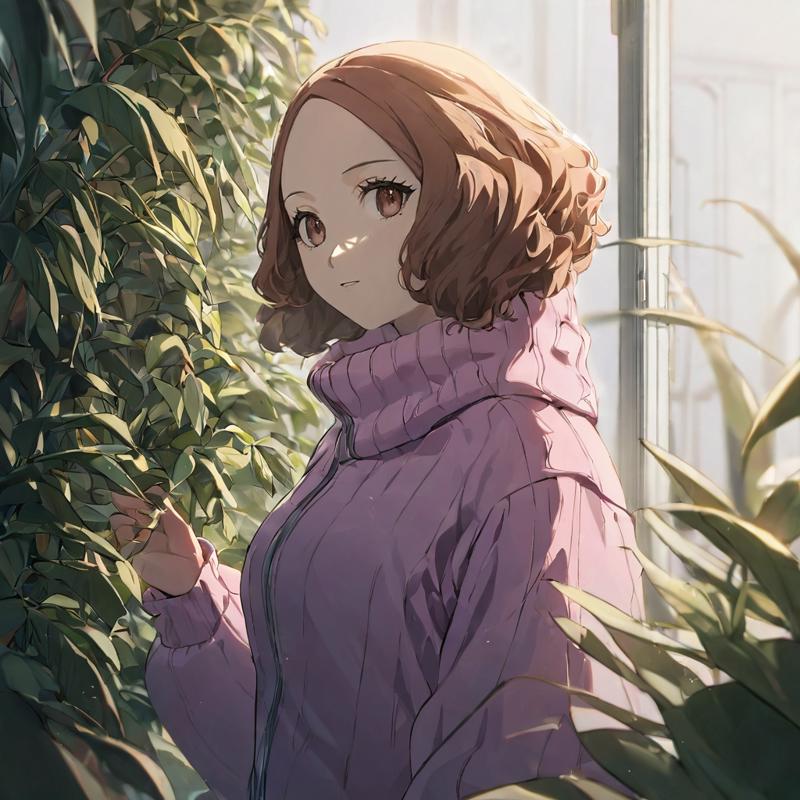 38927-3740691695-1girl, okumura haru, wearing pink sweater, taking care of plants, looking at camera, (masterpiece), cinematic, beautiful light,.png